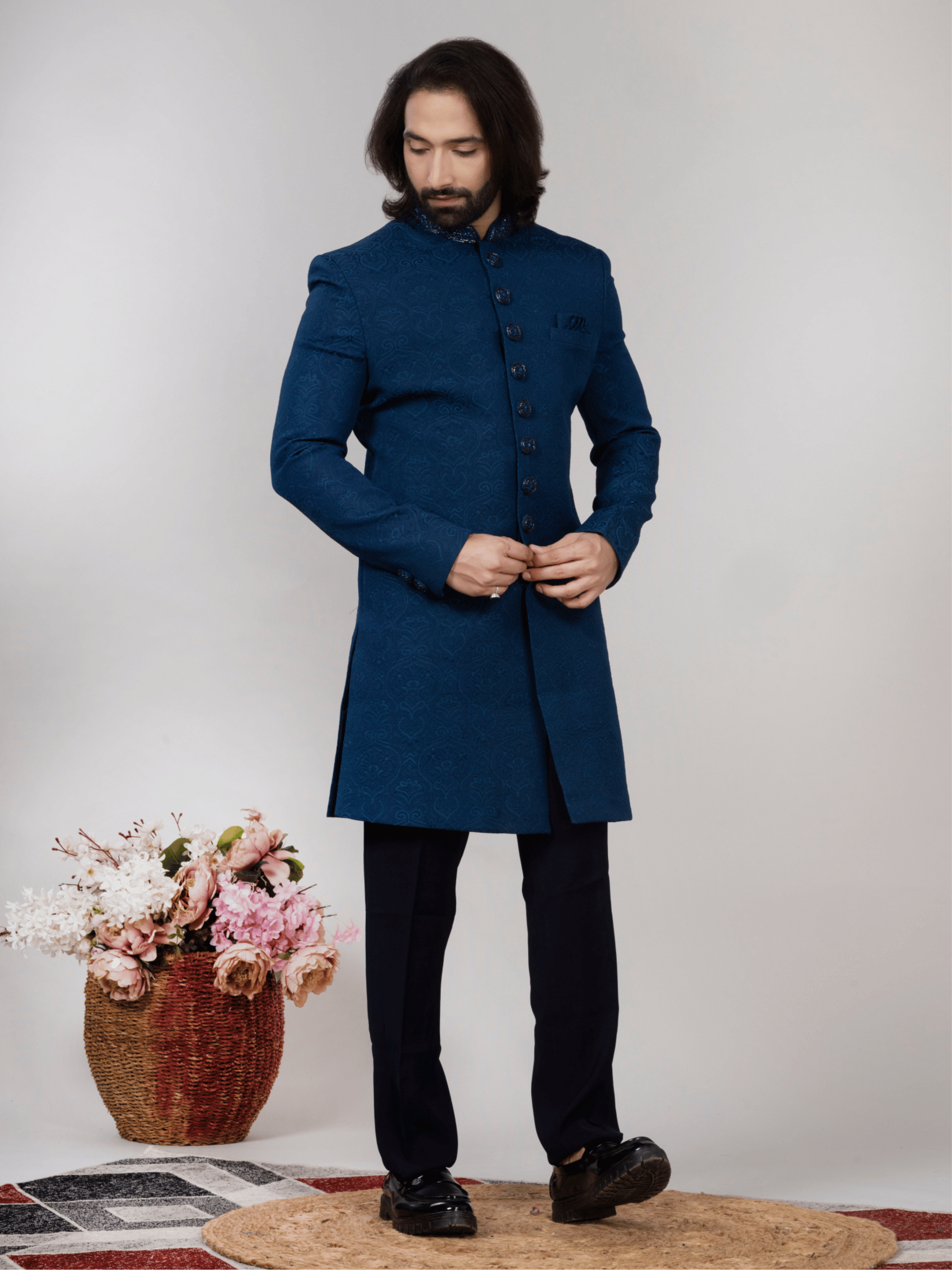 Blue Jacquard Regular Fit Indo-Western