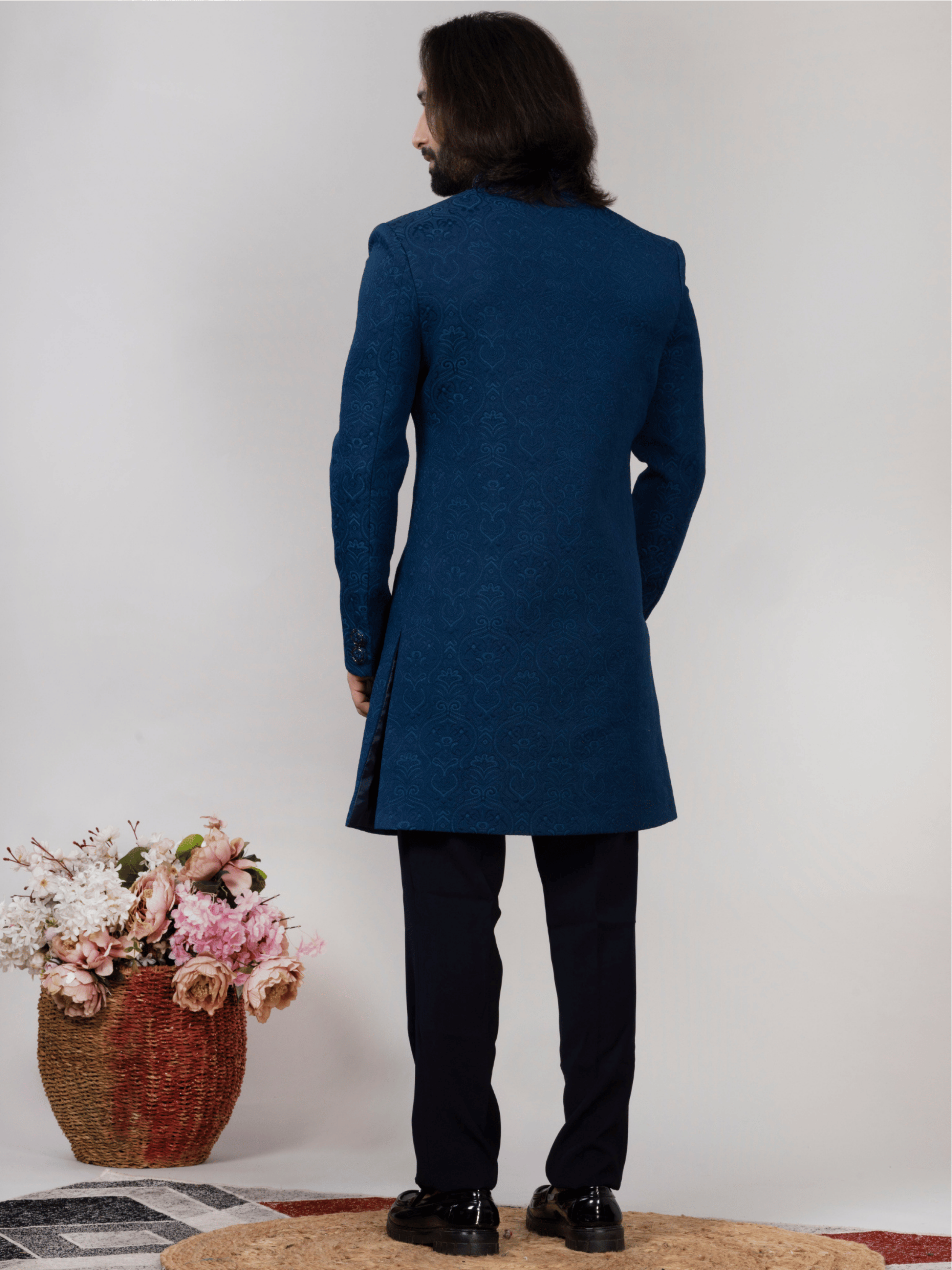 Blue Jacquard Regular Fit Indo-Western