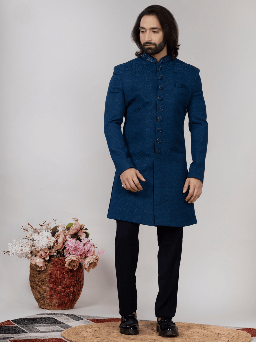 Blue Jacquard Regular Fit Indo-Western