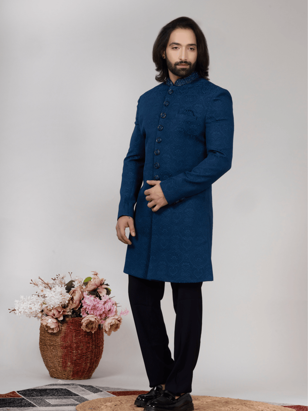 Blue Jacquard Regular Fit Indo-Western