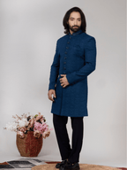 Blue Jacquard Regular Fit Indo-Western