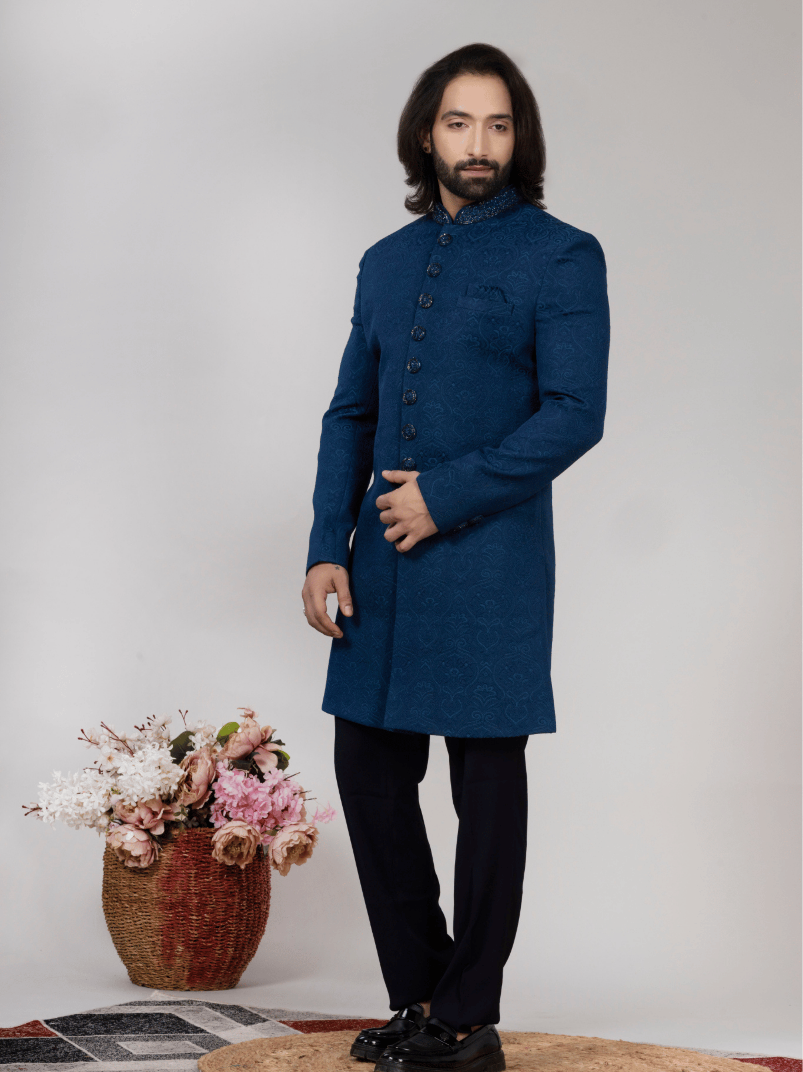 Blue Jacquard Regular Fit Indo-Western