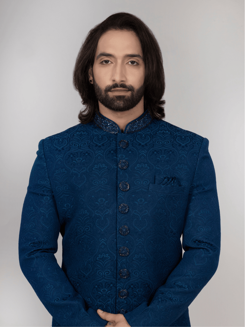 Blue Jacquard Regular Fit Indo-Western