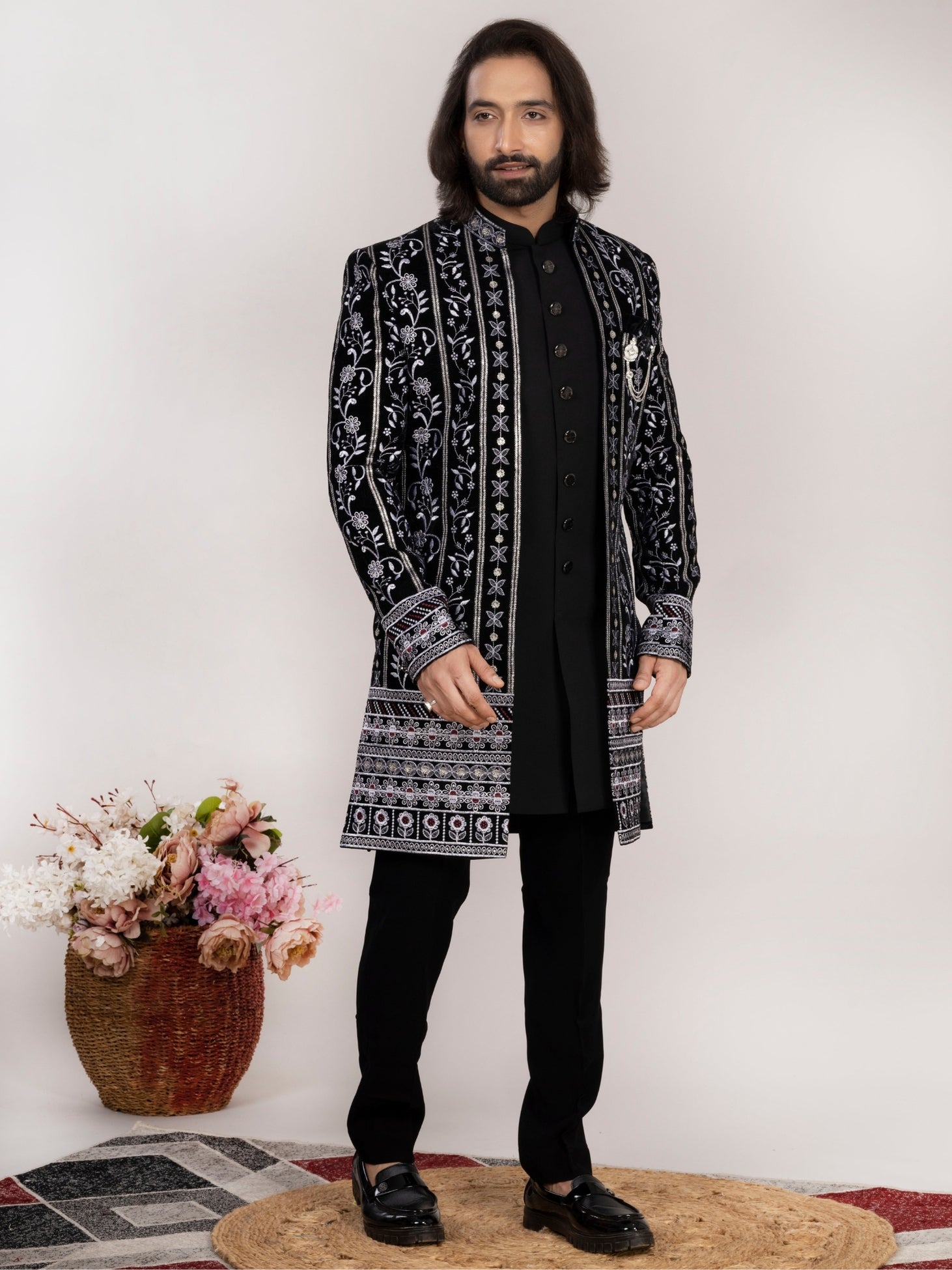 Men's Black Hand Embroidered Regular Fit Indo Western Sherwani