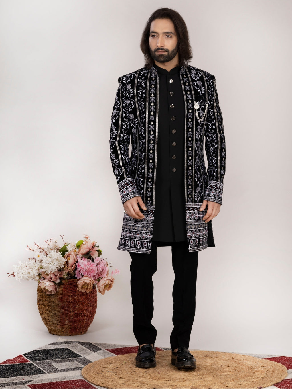 Men's Black Hand Embroidered Regular Fit Indo Western Sherwani