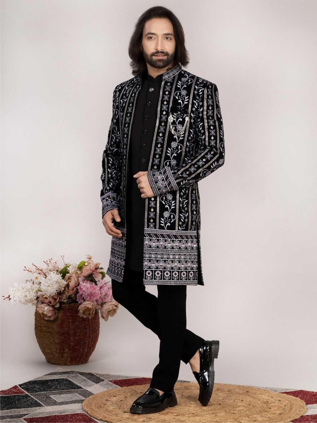 Men's Black Hand Embroidered Regular Fit Indo Western Sherwani