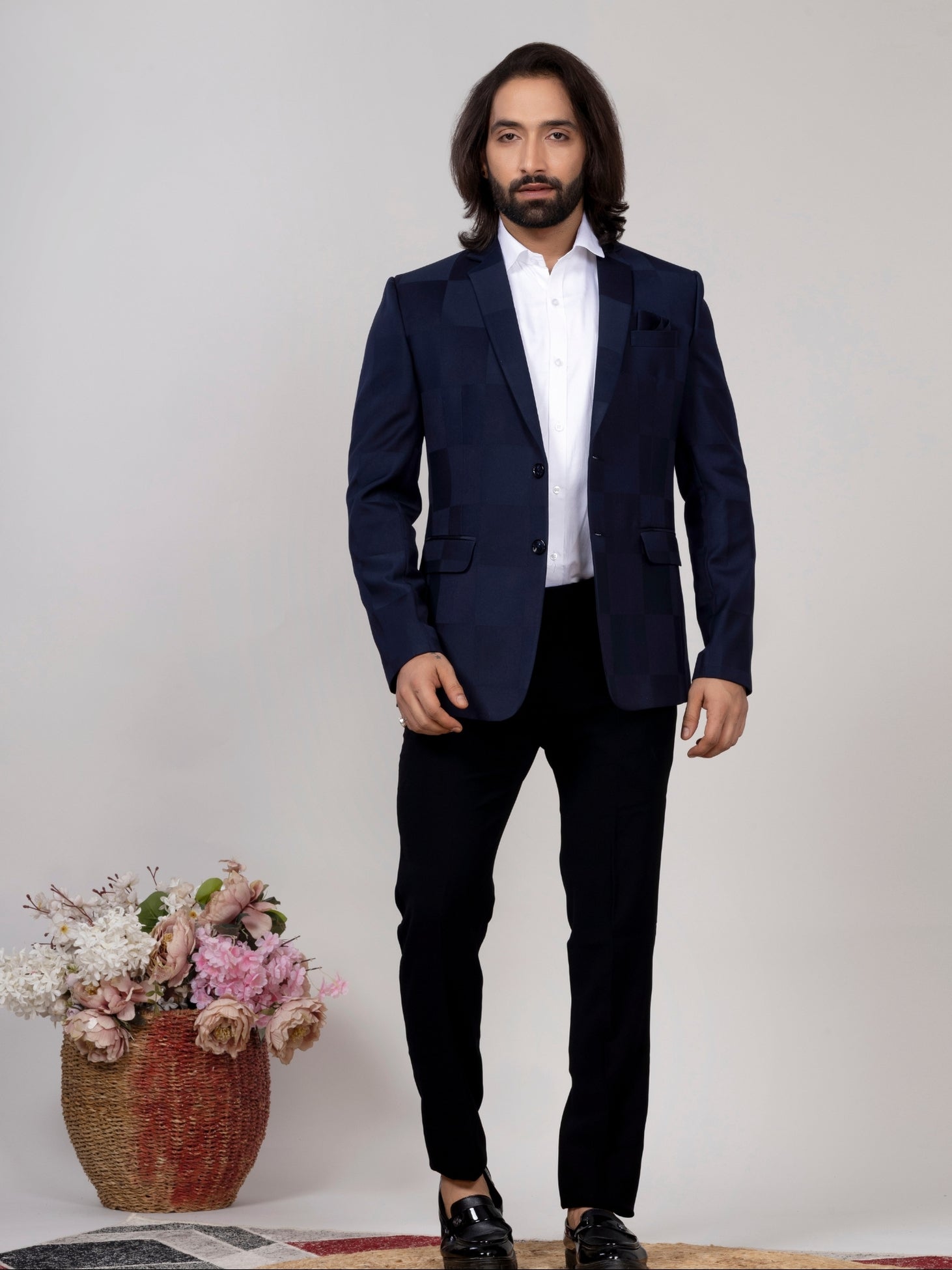 Navy Blue Checkered Blazer for Men Premium Formal & Party Wear