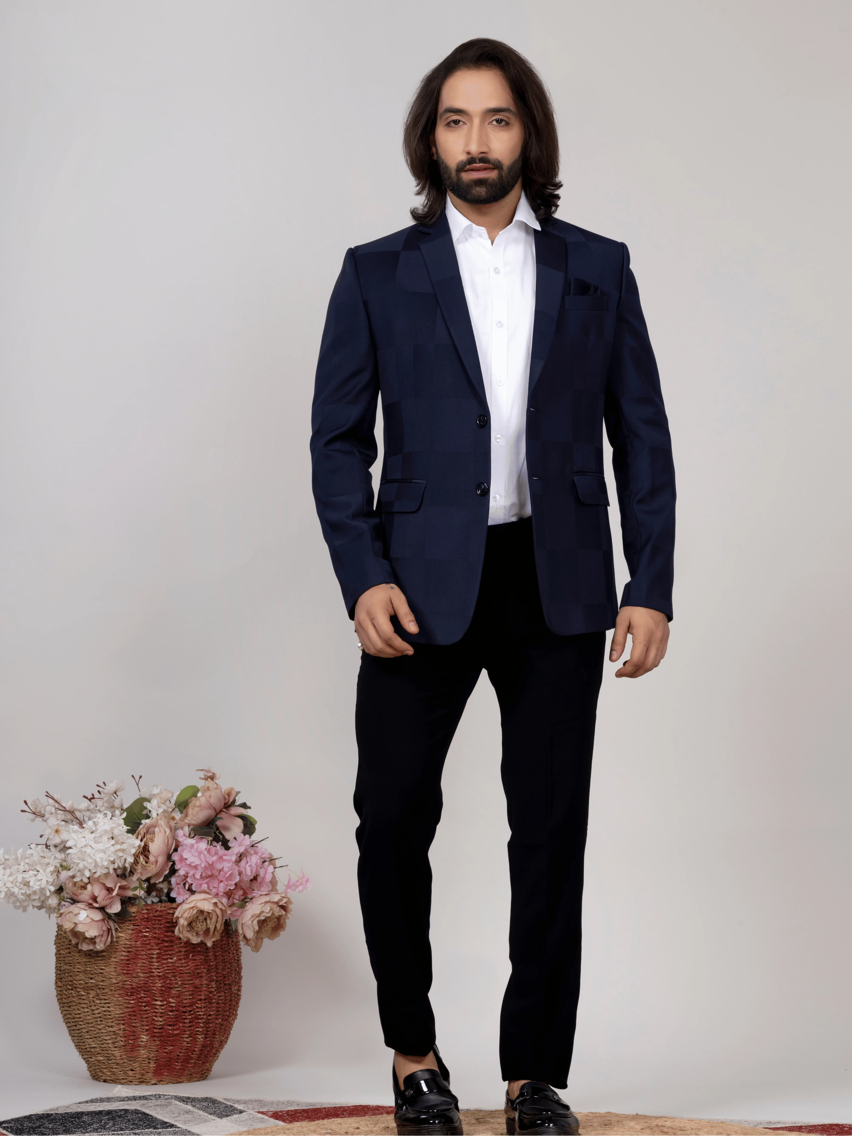 Navy Blue Checkered Blazer for Men Premium Formal & Party Wear