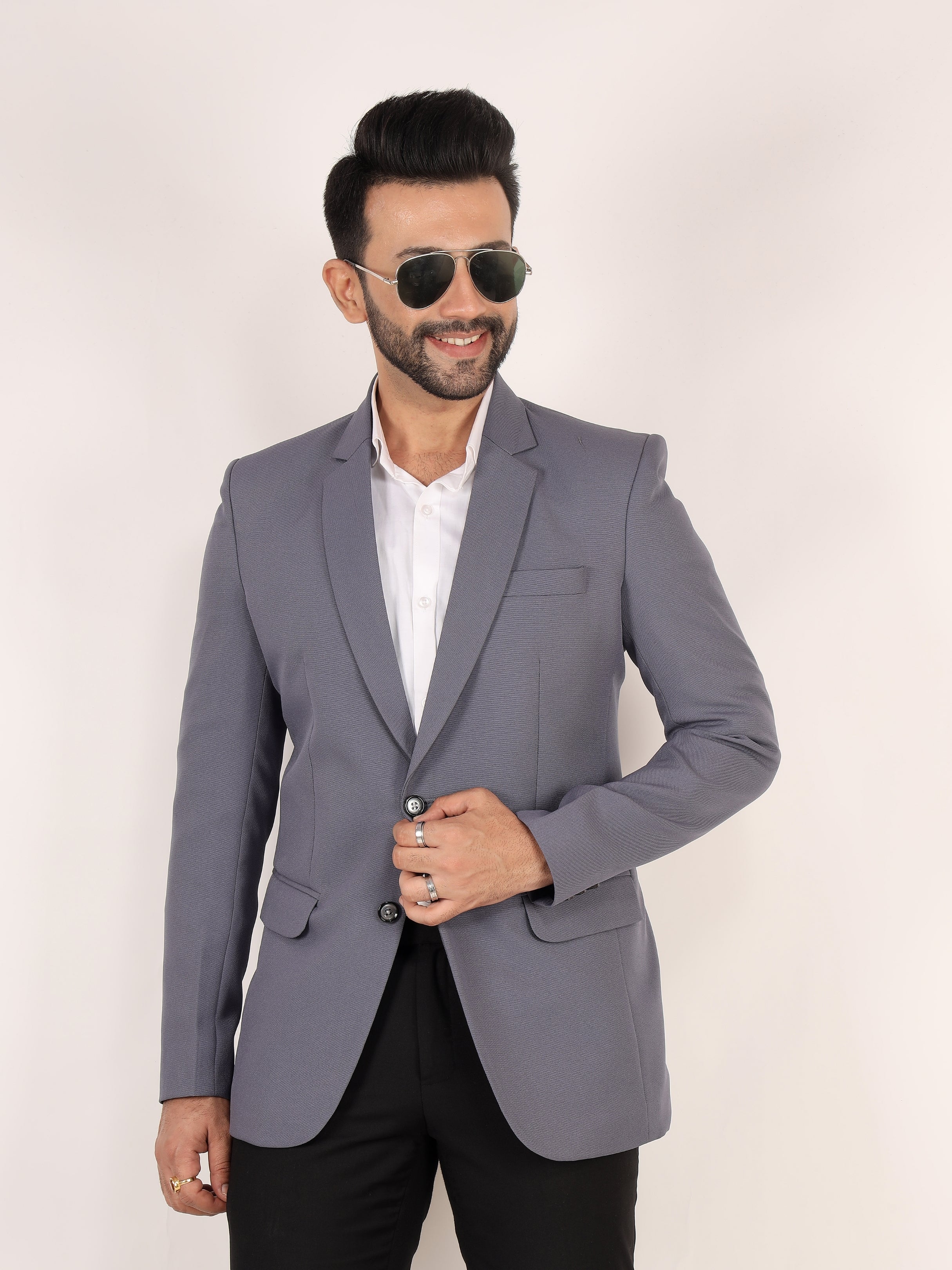Grey Textured Regular Fit Formal Blazer