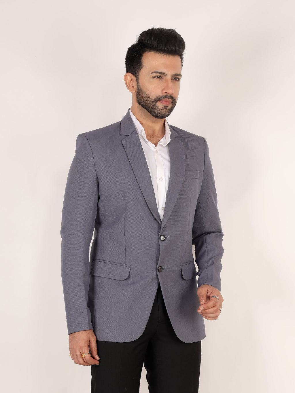 Grey Textured Regular Fit Formal Blazer