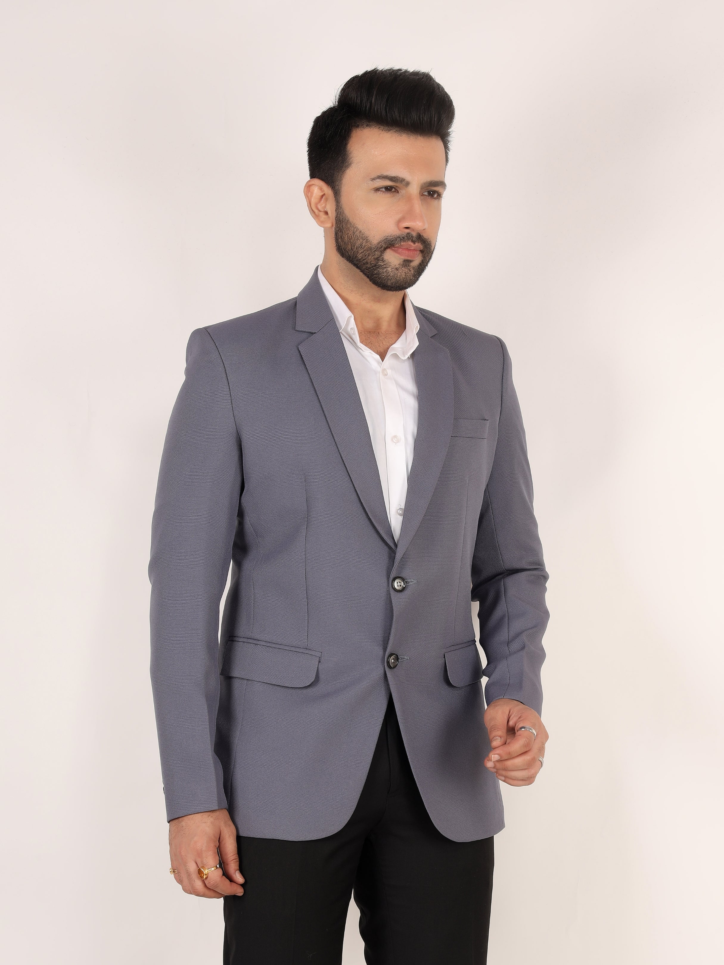 Grey Textured Regular Fit Formal Blazer