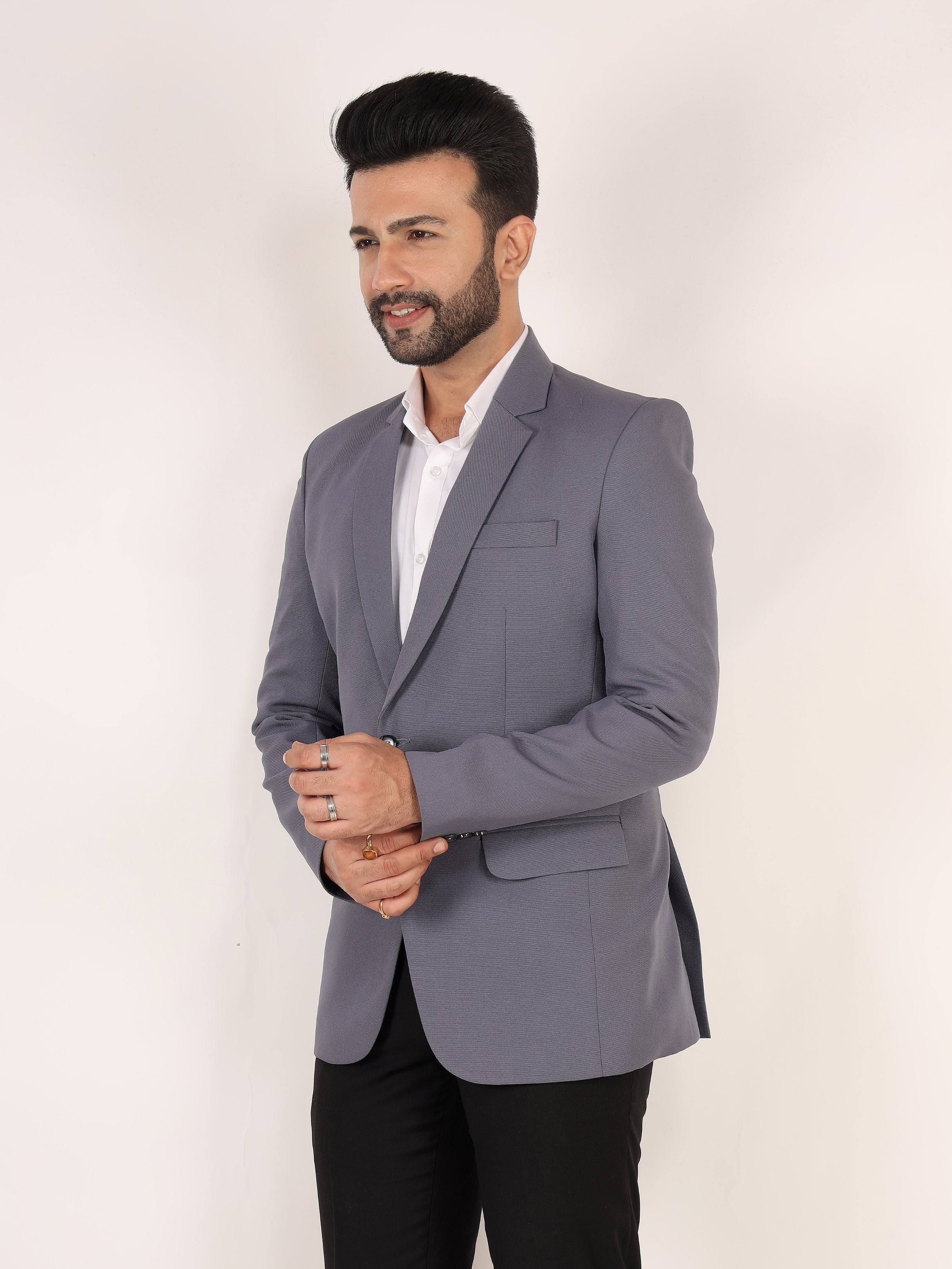 Grey Textured Regular Fit Formal Blazer