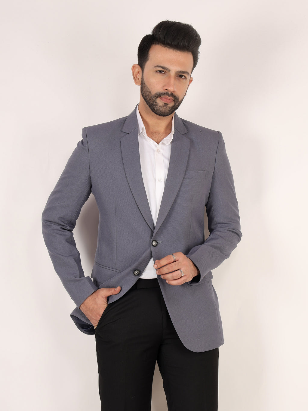 Grey Textured Regular Fit Formal Blazer