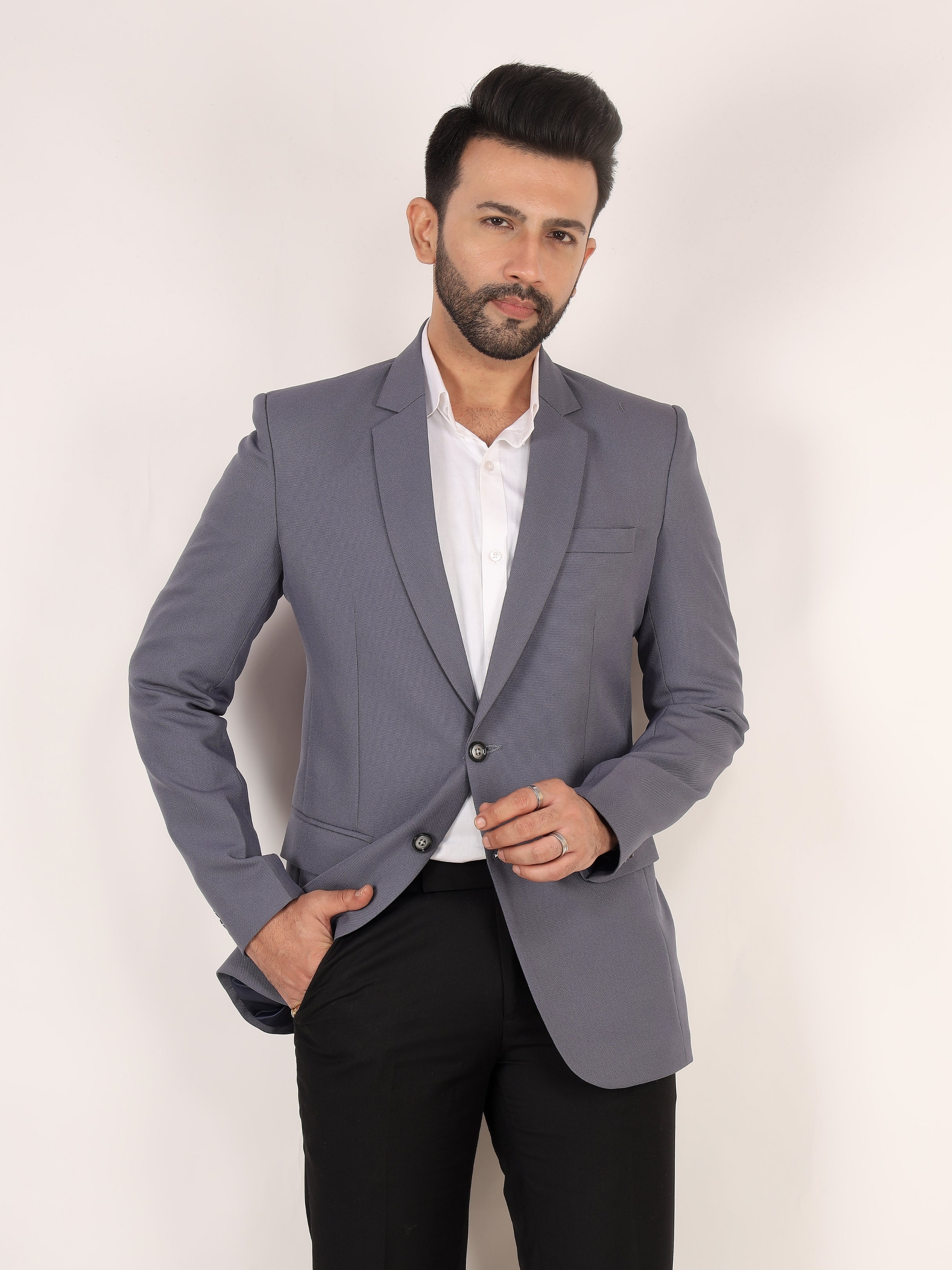 Grey Textured Regular Fit Formal Blazer