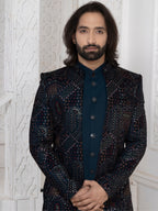 Men's Teal Blue Premium Velvet Embroidered Regular Fit Indo Western