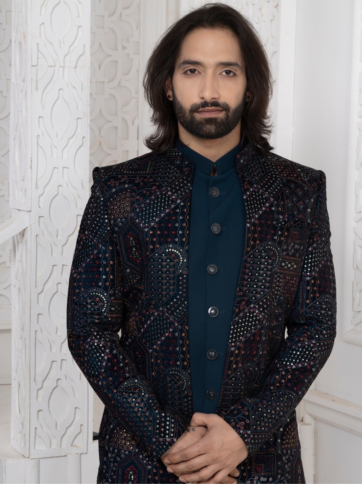 Men's Teal Blue Premium Velvet Embroidered Regular Fit Indo Western