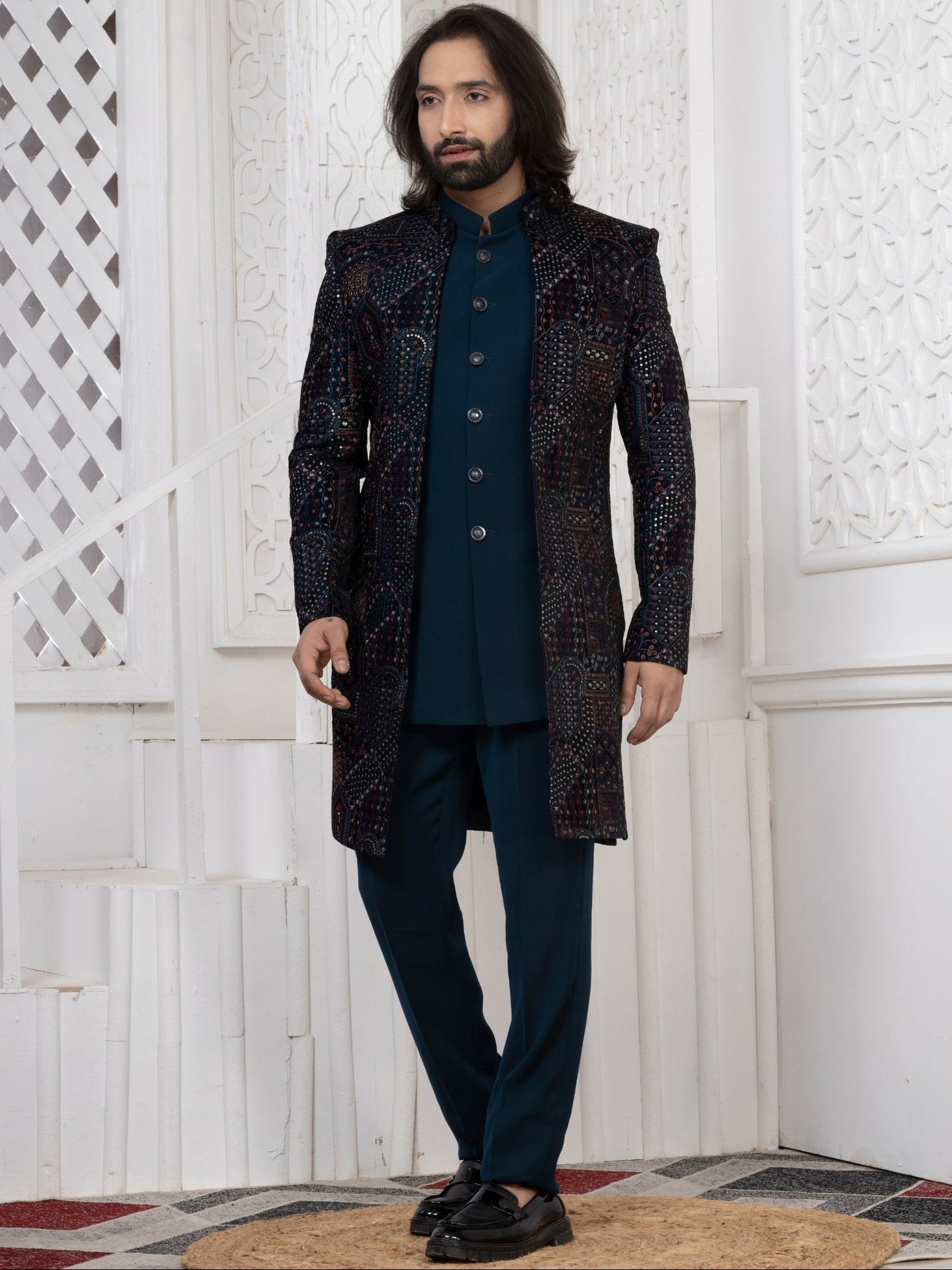 Men's Teal Blue Premium Velvet Embroidered Regular Fit Indo Western