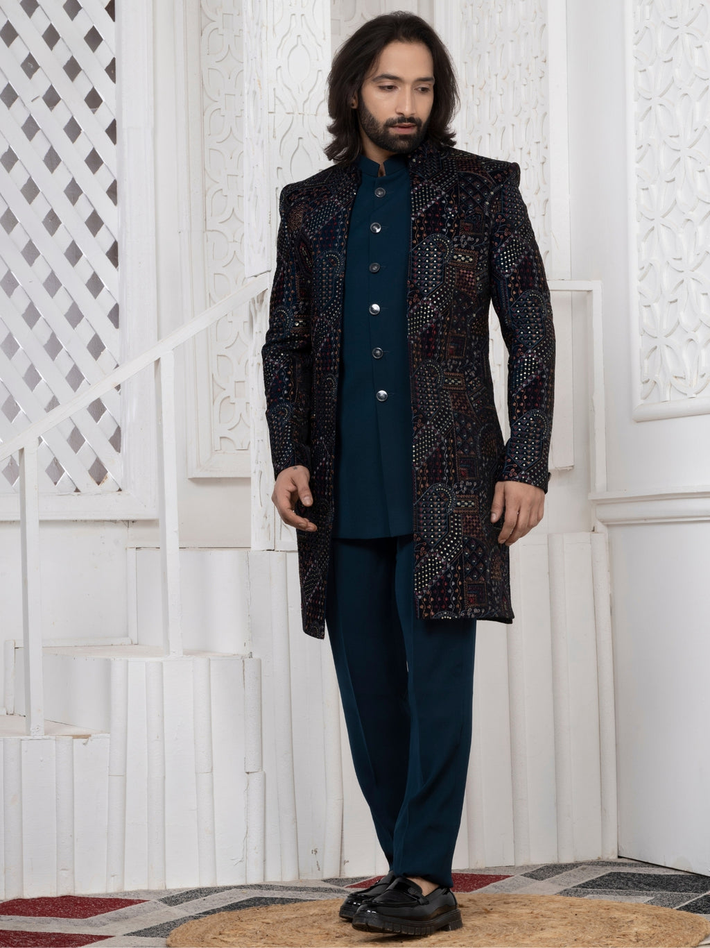Men's Teal Blue Premium Velvet Embroidered Regular Fit Indo Western