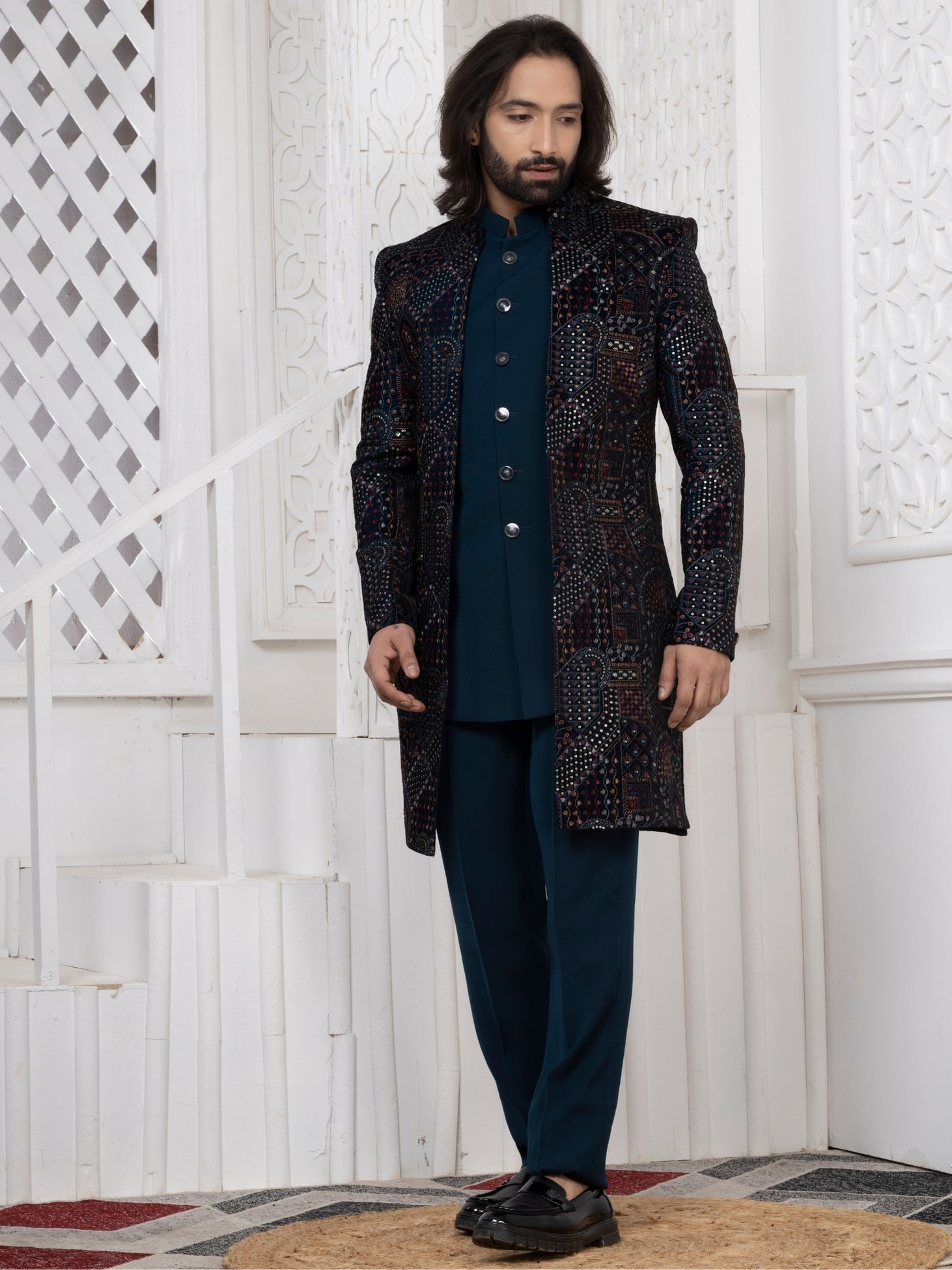 Men's Teal Blue Premium Velvet Embroidered Regular Fit Indo Western