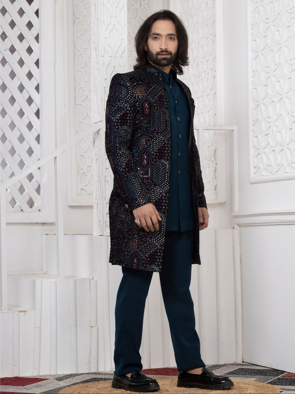 Men's Teal Blue Premium Velvet Embroidered Regular Fit Indo Western