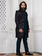 Men's Teal Blue Premium Velvet Embroidered Regular Fit Indo Western