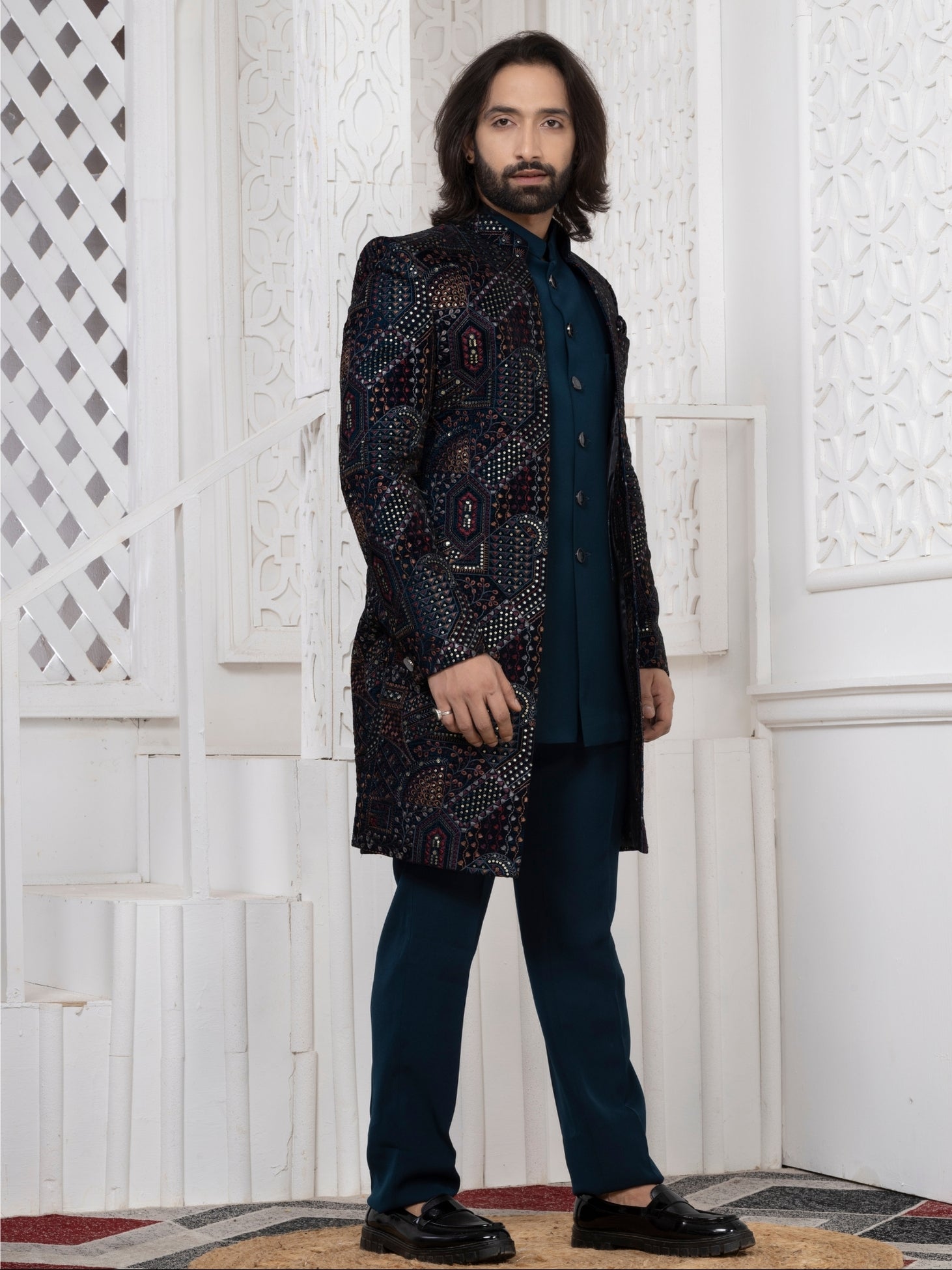 Men's Teal Blue Premium Velvet Embroidered Regular Fit Indo Western