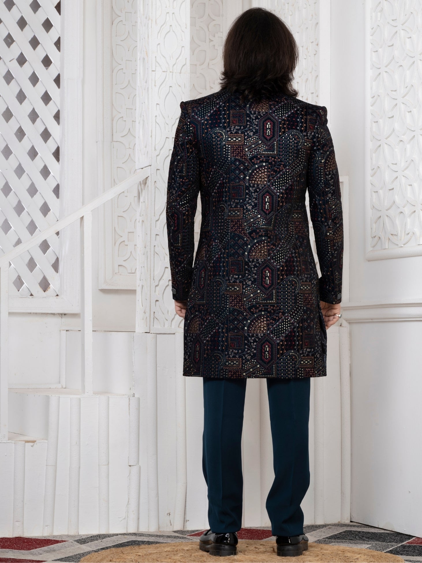 Men's Teal Blue Premium Velvet Embroidered Regular Fit Indo Western