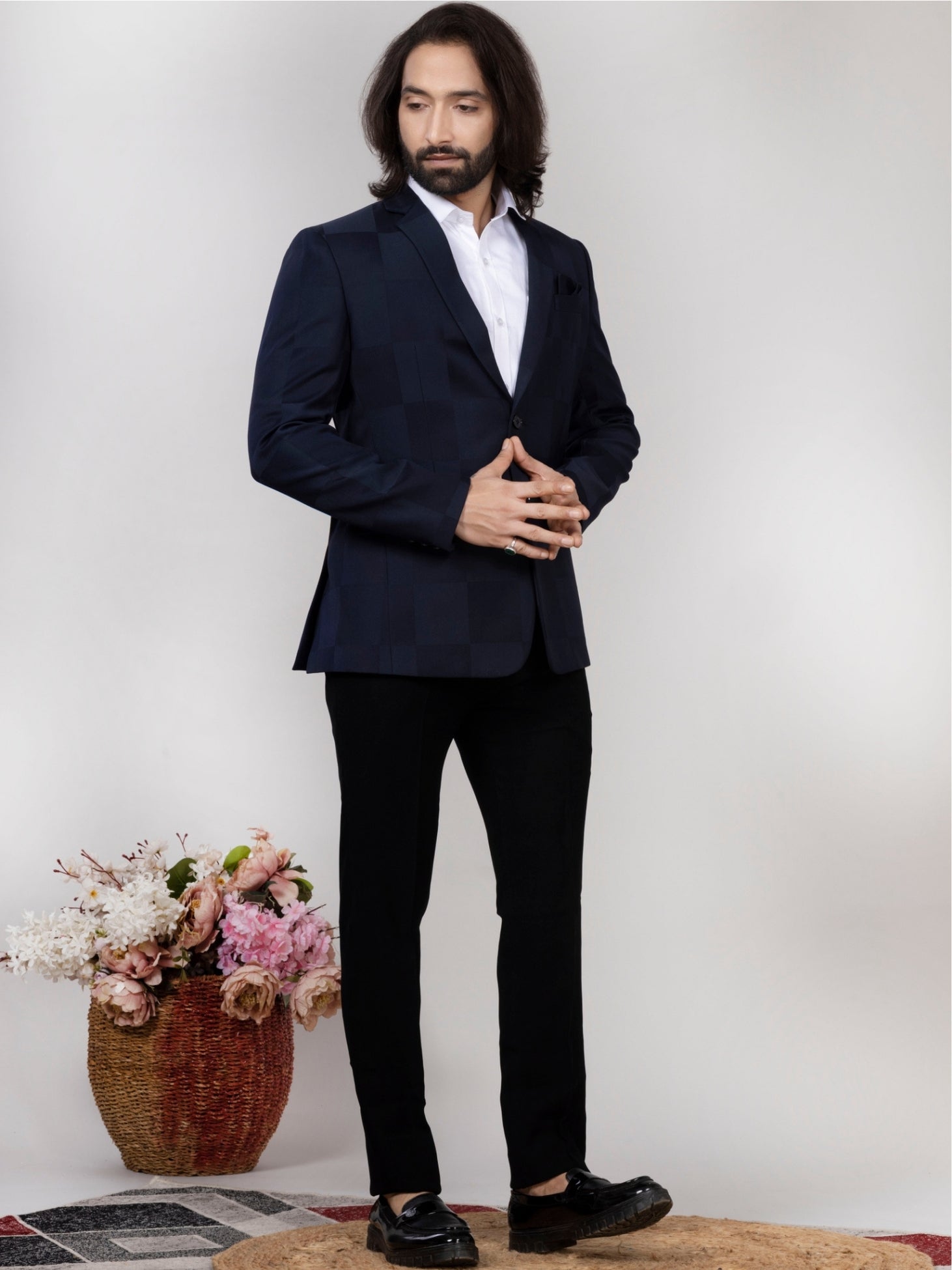 Navy Blue Checkered Blazer for Men Premium Formal & Party Wear