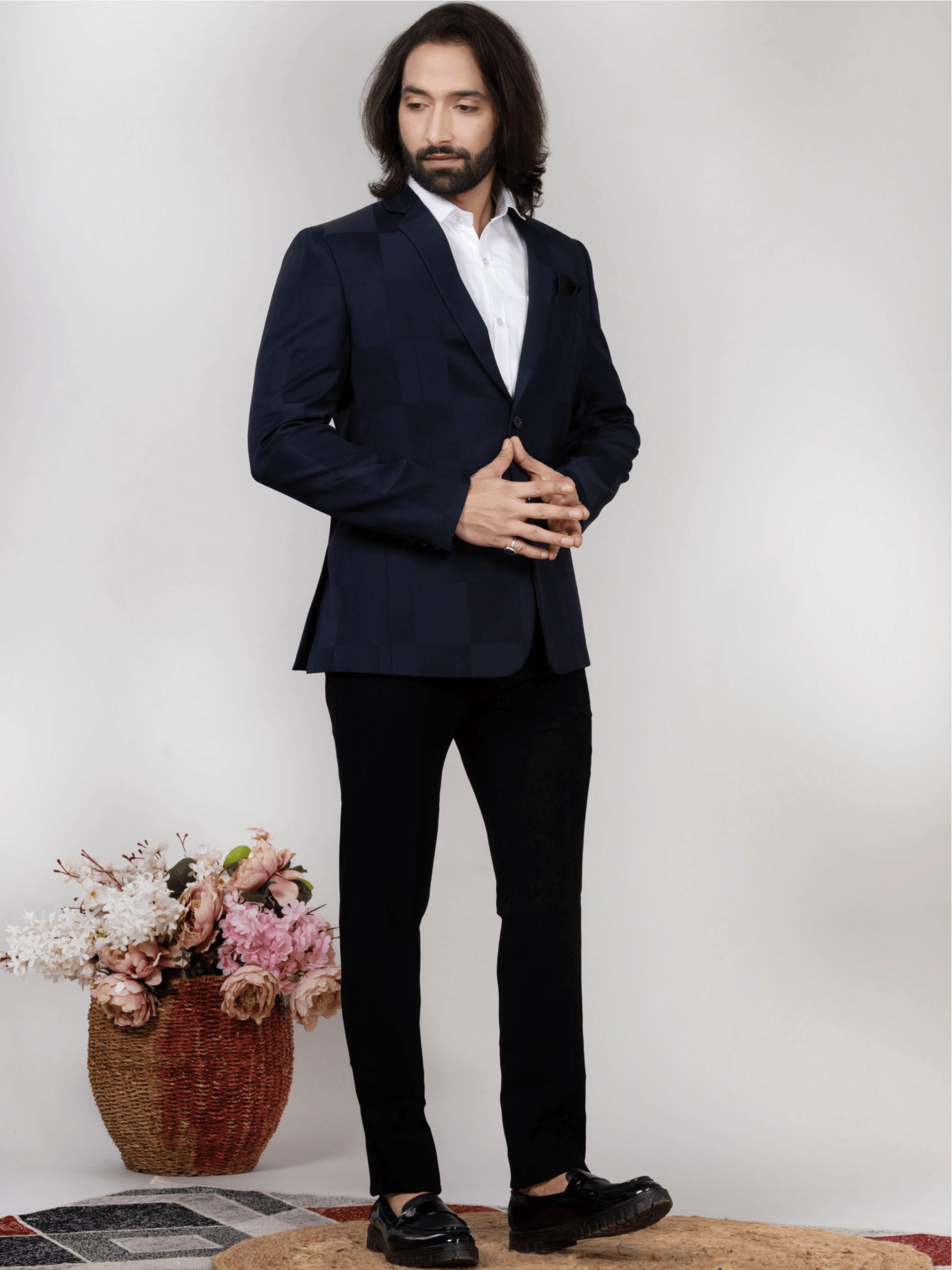 Navy Blue Checkered Blazer for Men Premium Formal & Party Wear