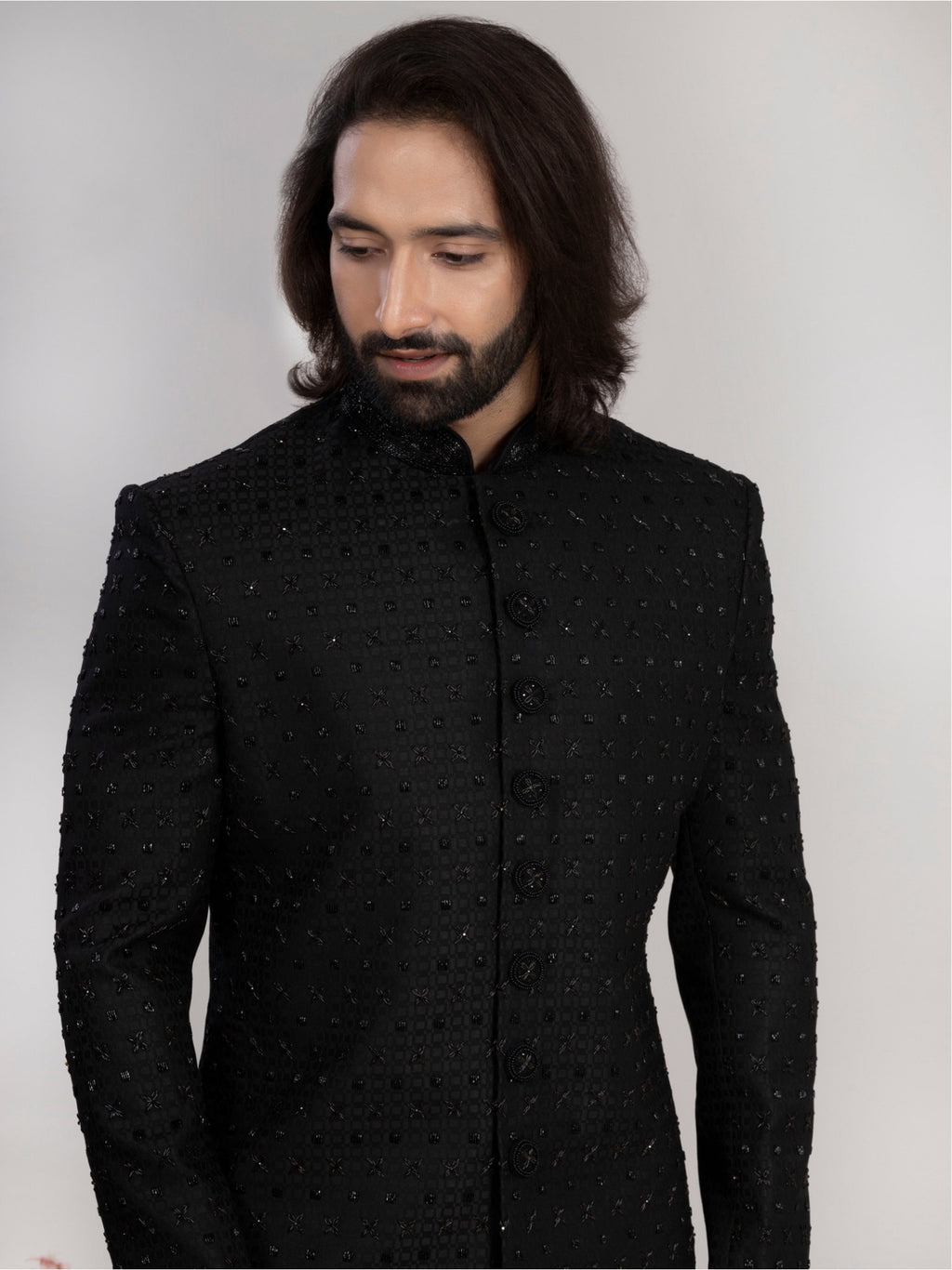 Men's Black Hand Embroidered Regular Fit Sherwani