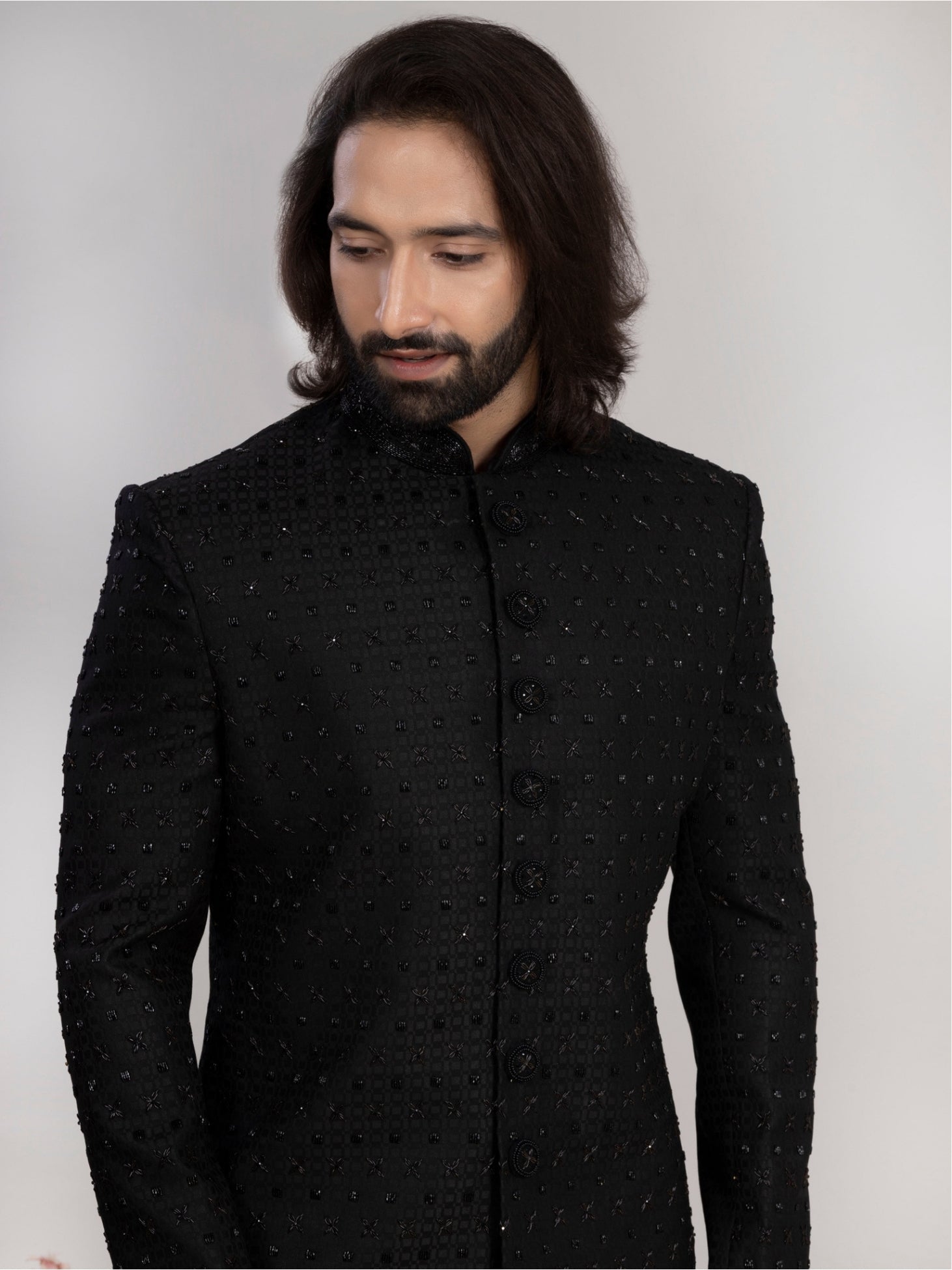 Men's Black Hand Embroidered Regular Fit Sherwani