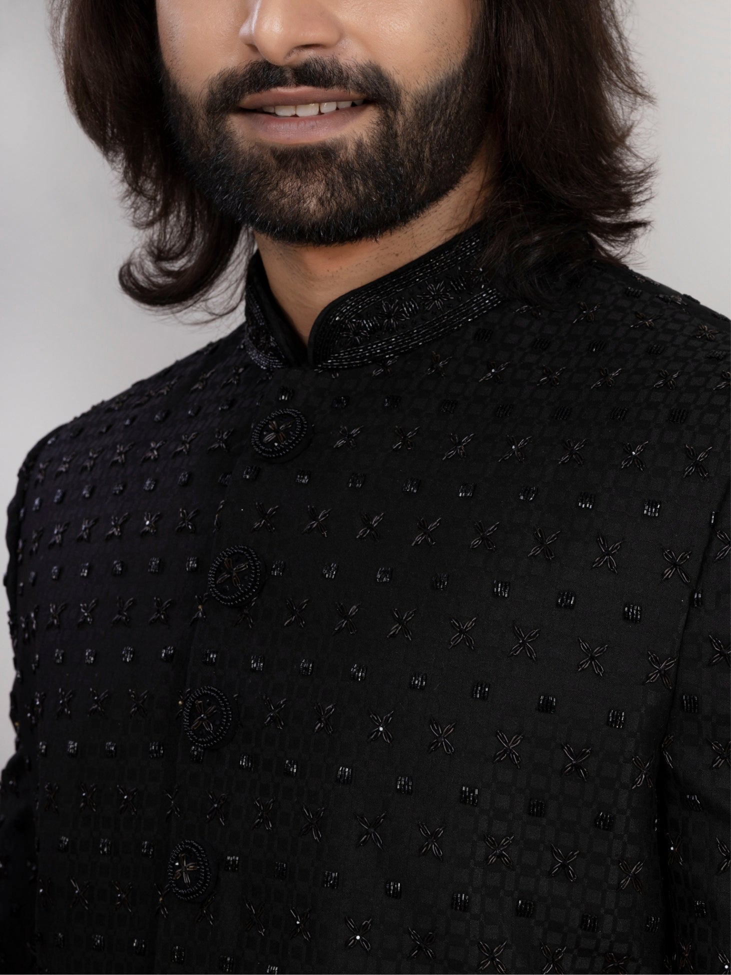 Men's Black Hand Embroidered Regular Fit Sherwani