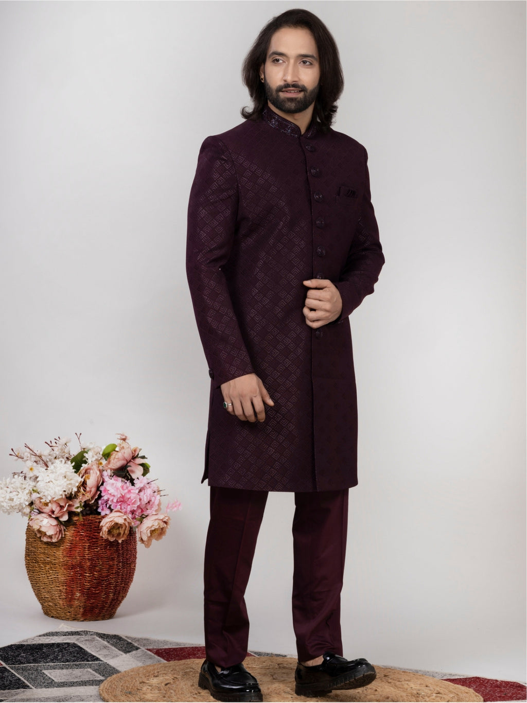 Men's Wine Jacquard Sherwani Regular Fit Wedding Wear