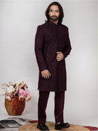Men's Wine Jacquard Sherwani Regular Fit Wedding Wear