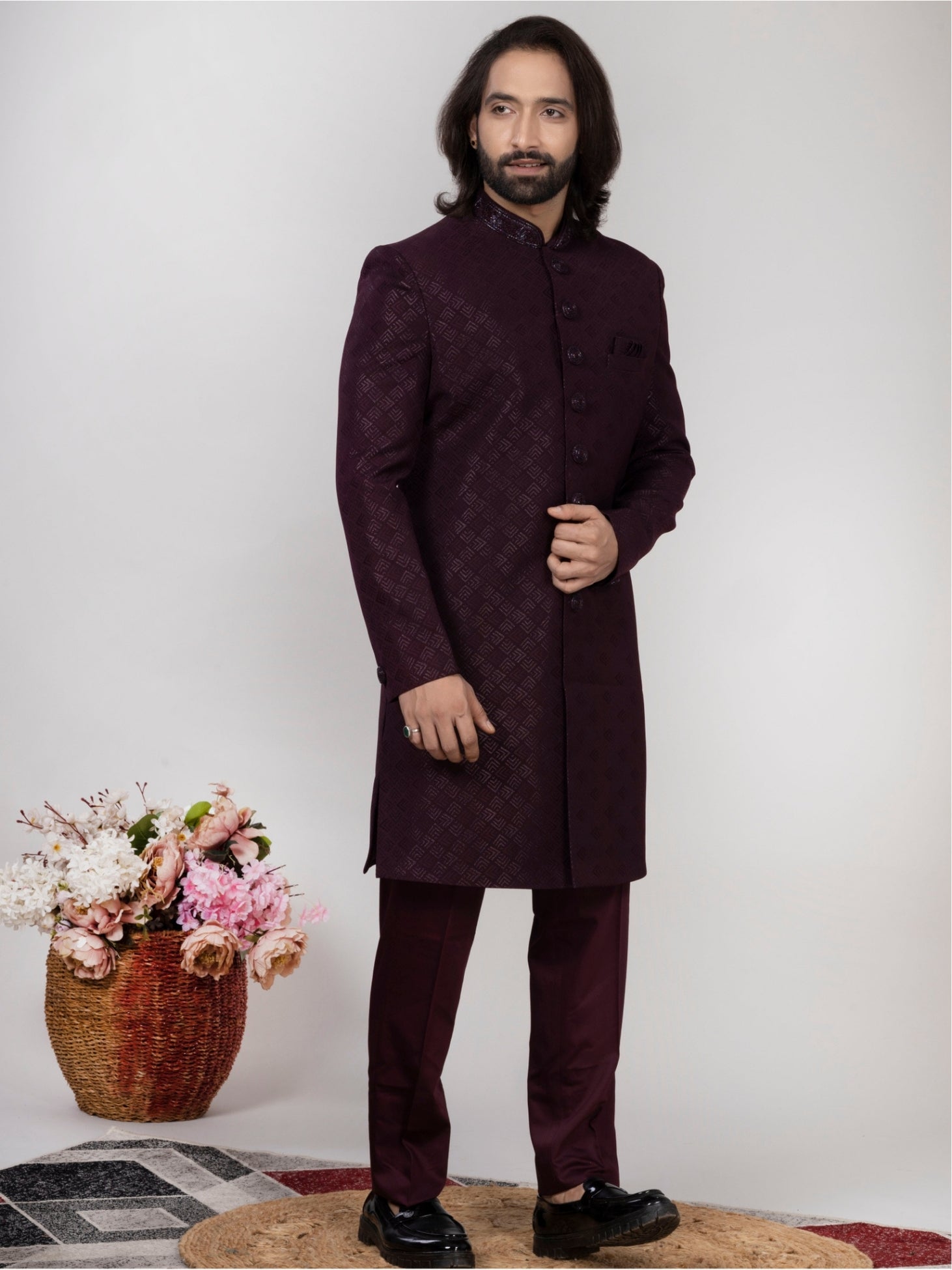Men's Wine Jacquard Sherwani Regular Fit Wedding Wear