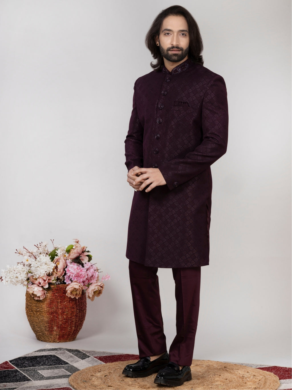 Men's Wine Jacquard Sherwani Regular Fit Wedding Wear