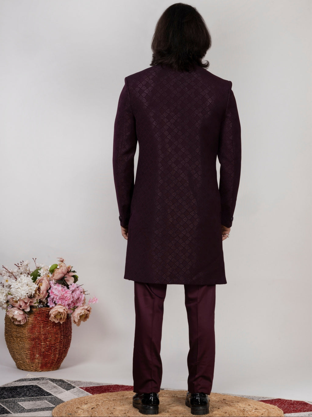 Men's Wine Jacquard Sherwani Regular Fit Wedding Wear