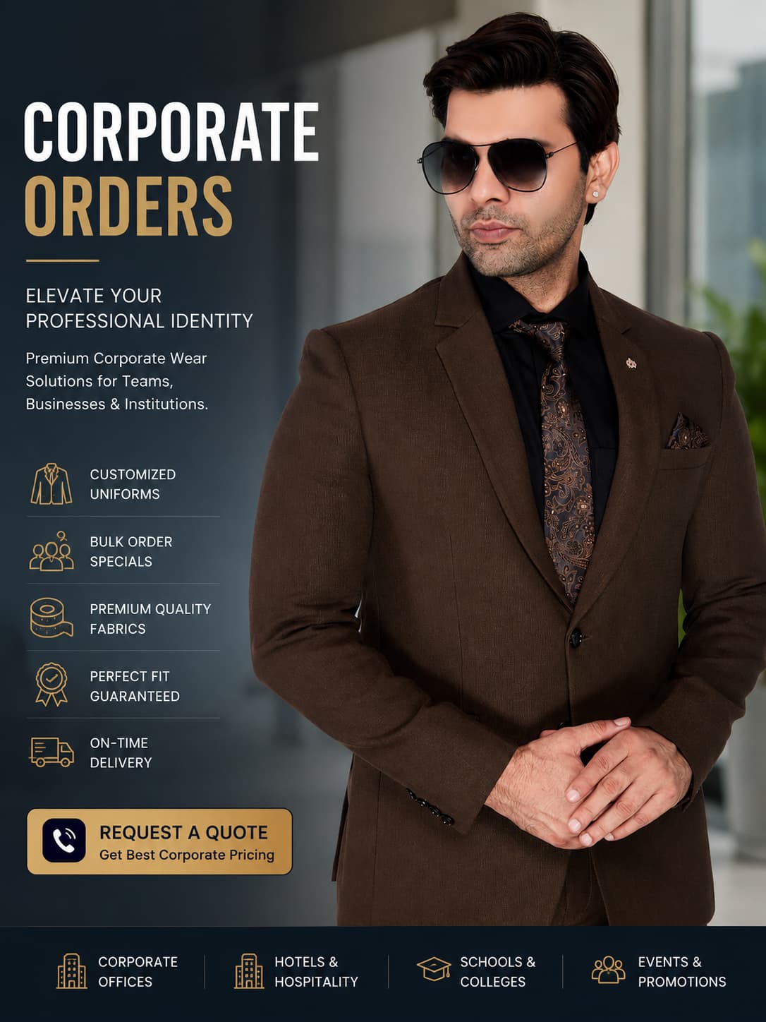 Man in a brown suit with sunglasses, promotional text for corporate orders on a dark background