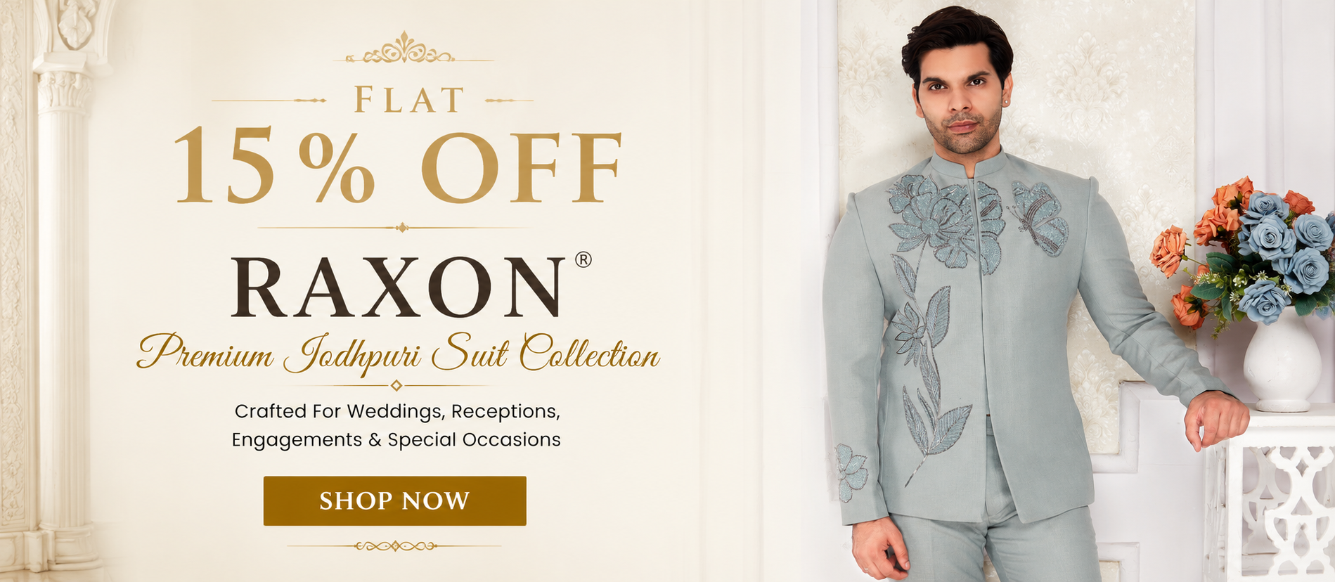 Man wearing a Raxon suit with promotional text for a 15% off offer on a beige background.