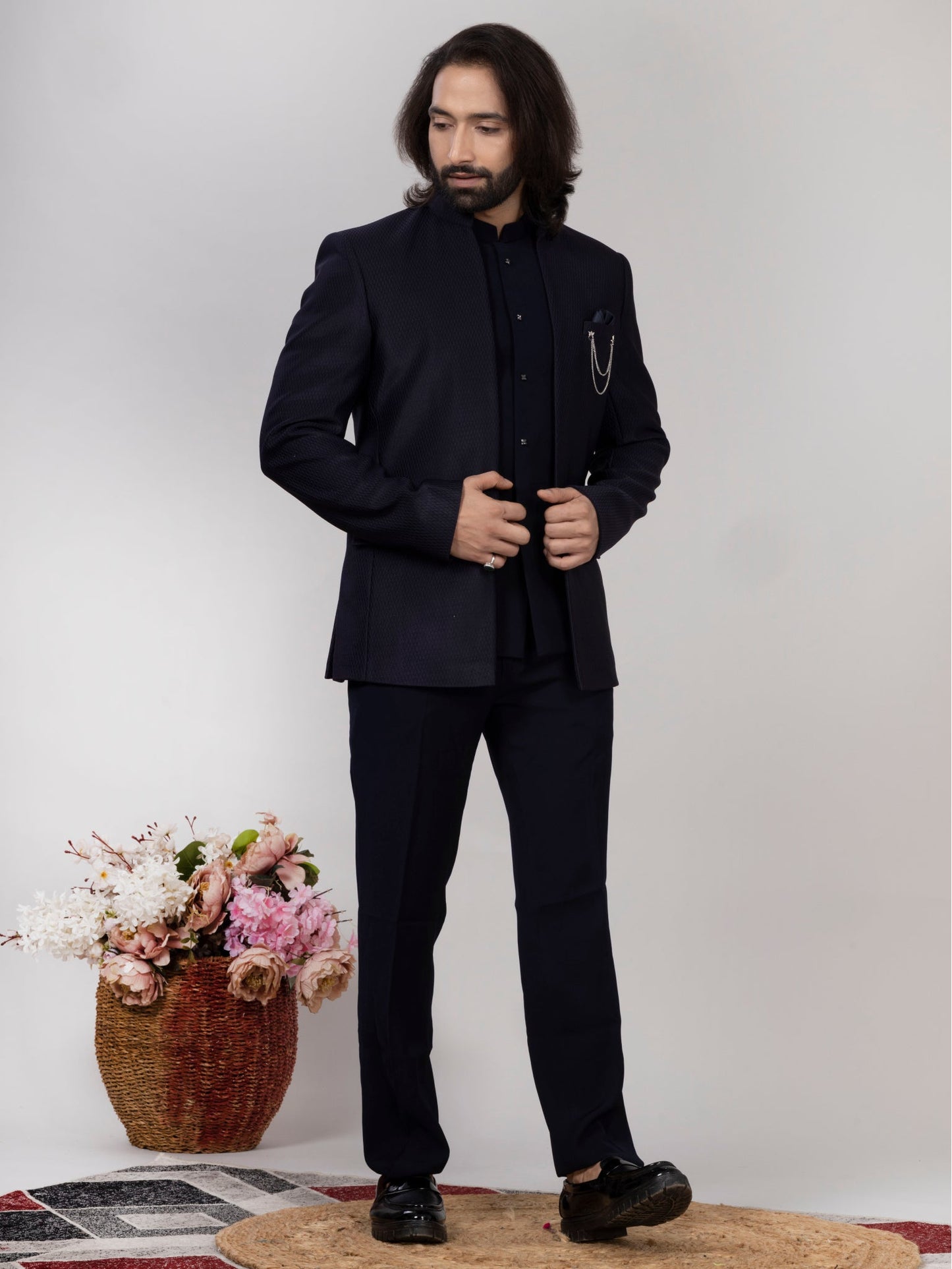 Midnight Navy Blue Open Jodhpuri Suit