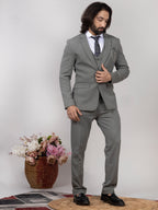 Man in a gray suit standing next to a decorative plant against a plain background