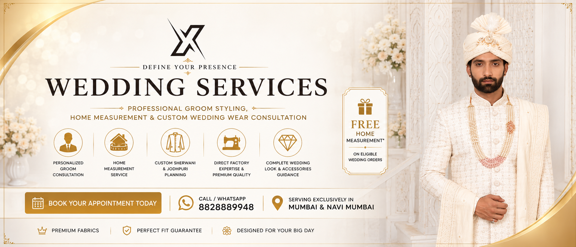 Advertisement for wedding services featuring a man in traditional attire with contact information.