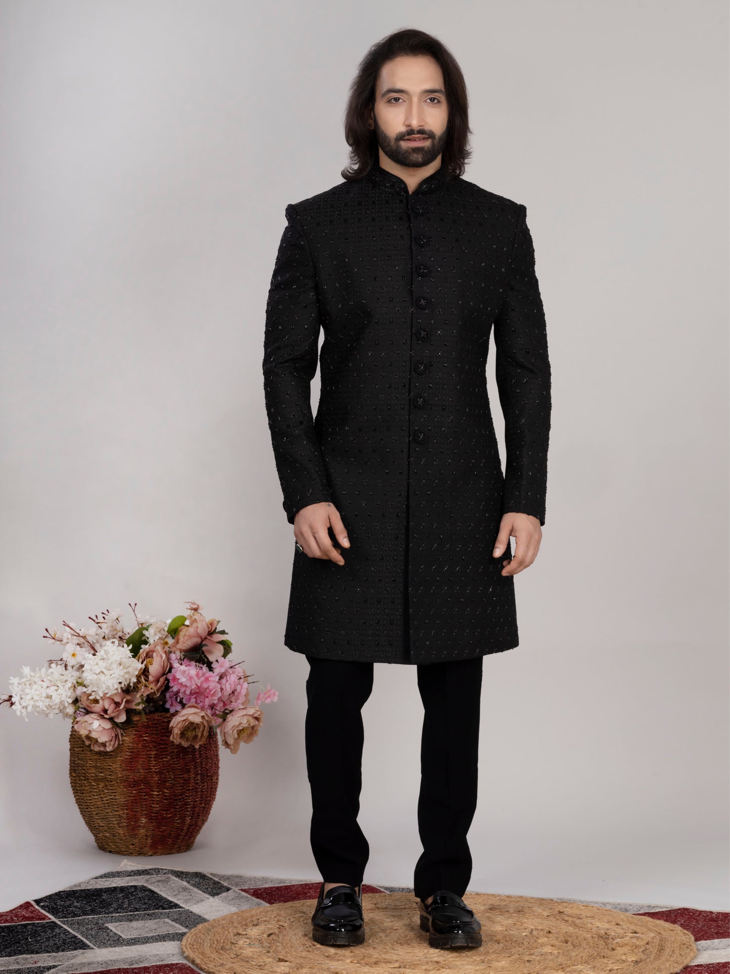 Raxon Black Embroidered Indo-Western Sherwani for Men