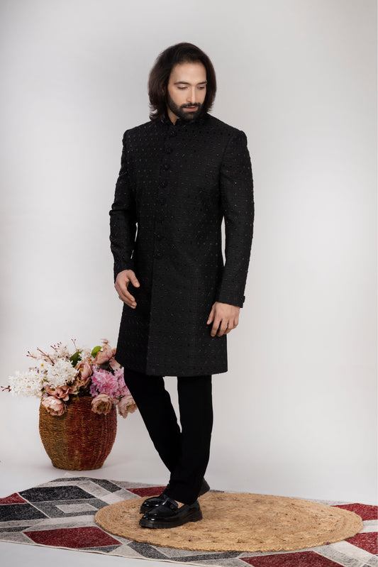 Raxon Black Embroidered Indo-Western Sherwani for Men