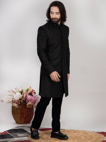 Raxon Black Embroidered Indo-Western Sherwani for Men