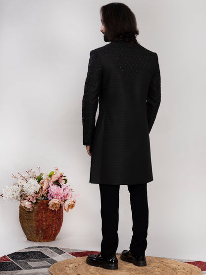 Raxon Black Embroidered Indo-Western Sherwani for Men