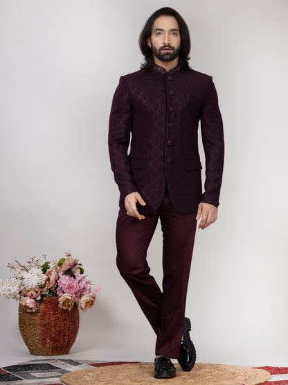 Wine Jacquard Jodhpuri Bandhgala Suit with Collar & Button Work | Wedding & Party Wear