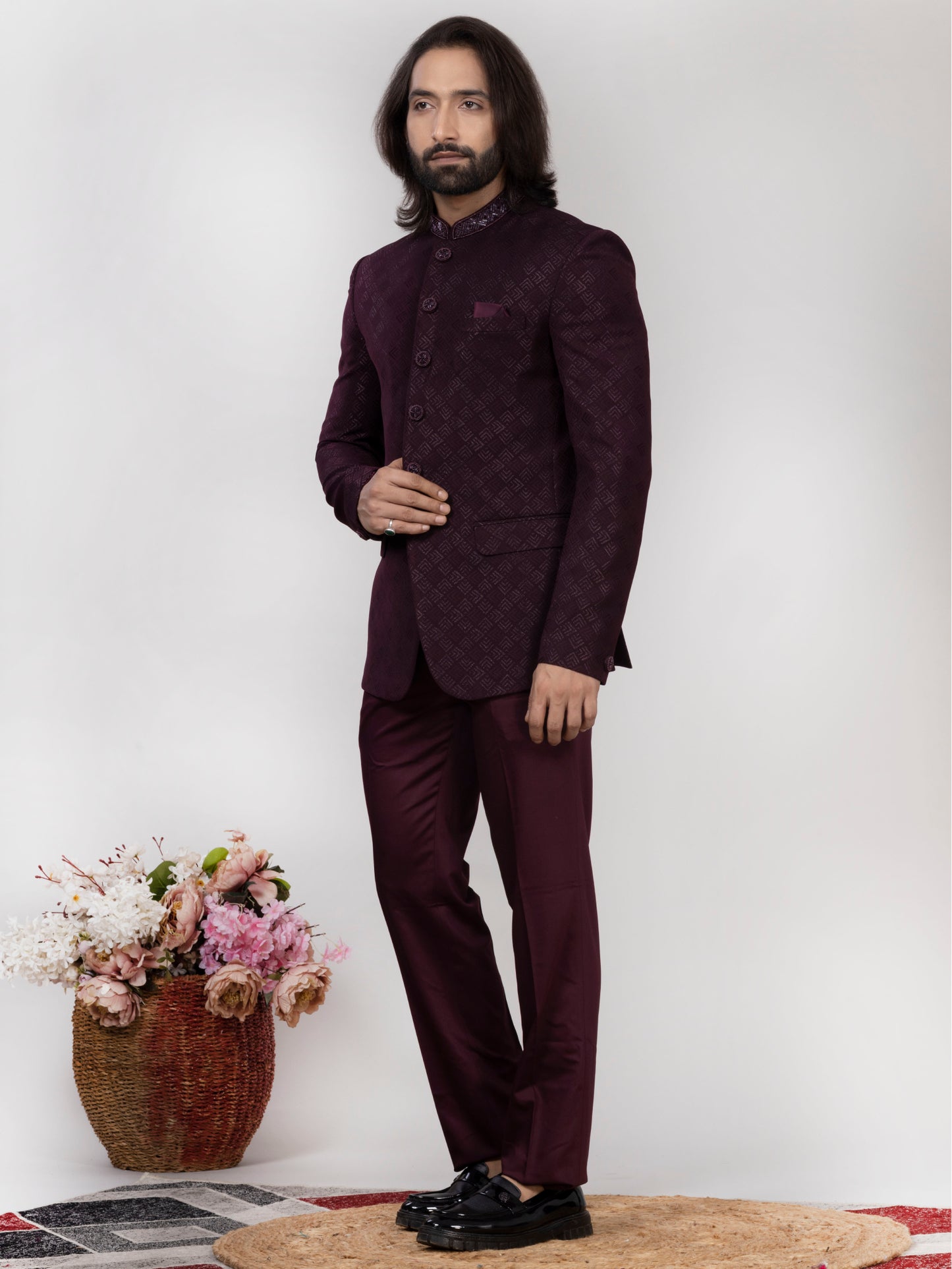 Wine Jacquard Jodhpuri Bandhgala Suit with Collar & Button Work | Wedding & Party Wear