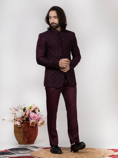 Wine Jacquard Jodhpuri Bandhgala Suit with Collar & Button Work | Wedding & Party Wear