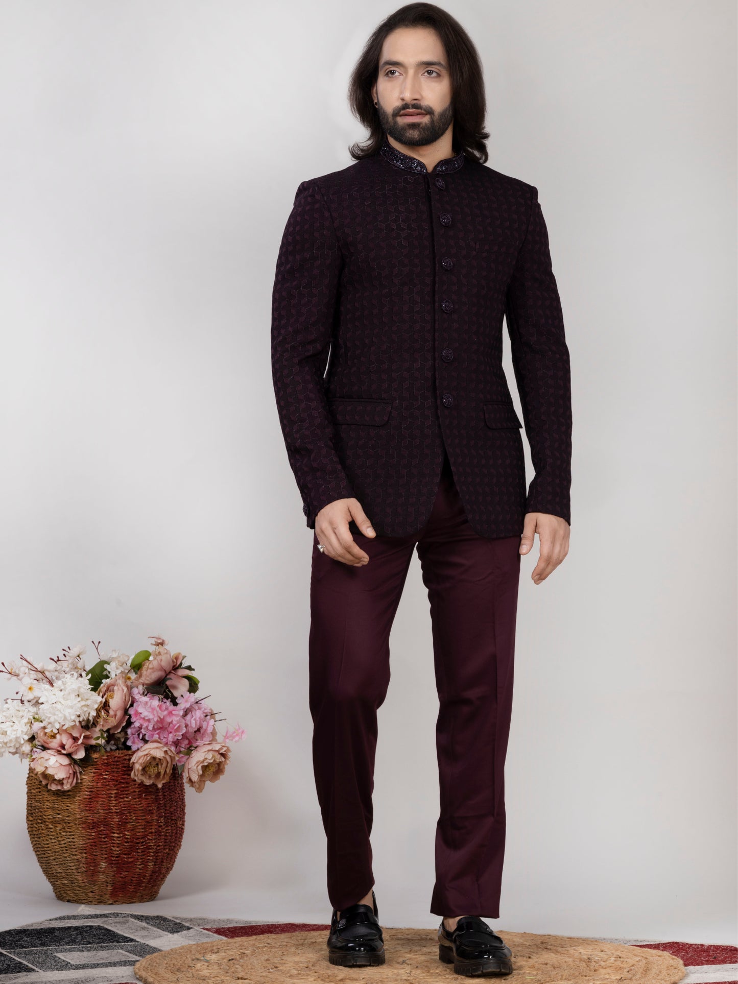 RAXON Designer Wine Jacquard Jodhpuri Suit